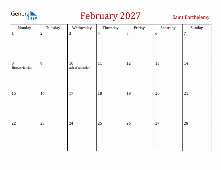 Saint Barthelemy February 2027 Calendar - Monday Start