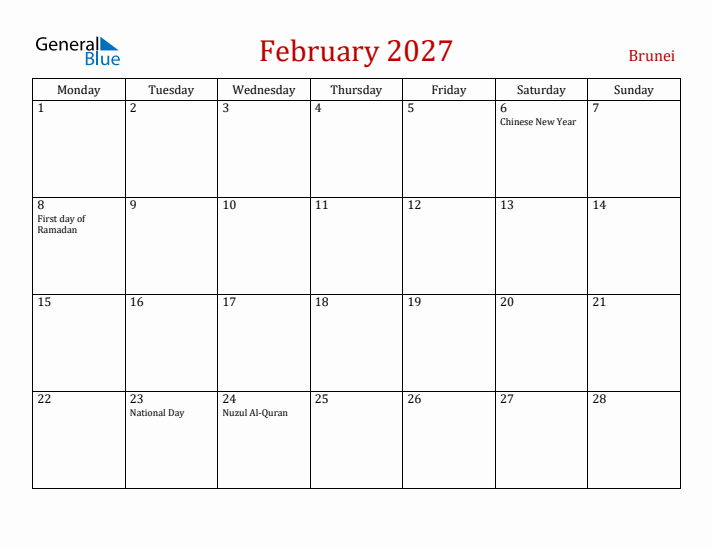 Brunei February 2027 Calendar - Monday Start