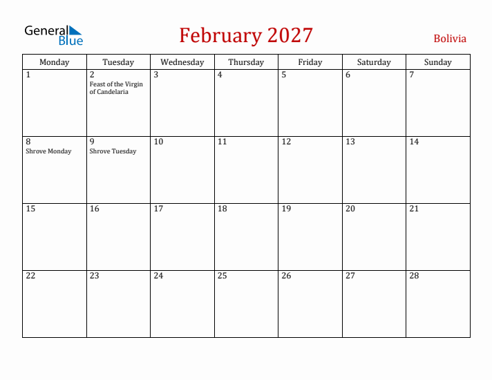 Bolivia February 2027 Calendar - Monday Start
