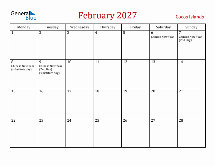 Cocos Islands February 2027 Calendar - Monday Start