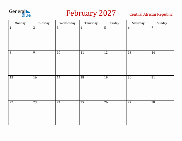 Central African Republic February 2027 Calendar - Monday Start