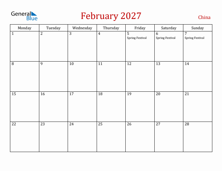 China February 2027 Calendar - Monday Start