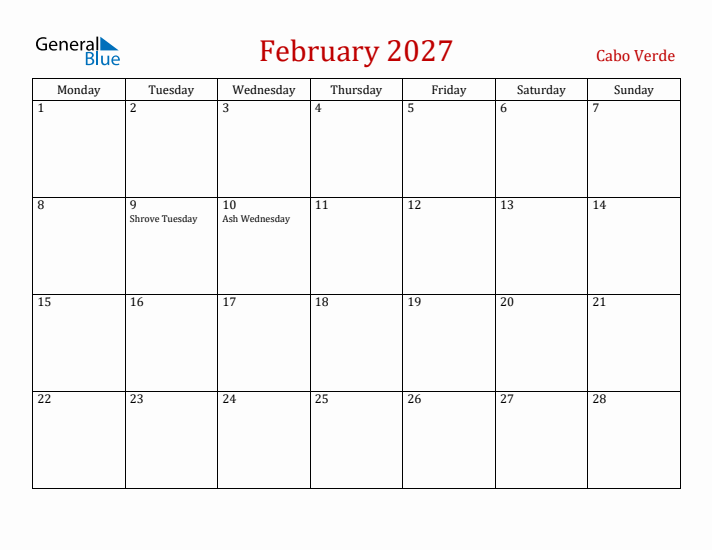 Cabo Verde February 2027 Calendar - Monday Start