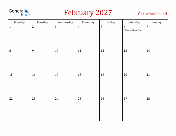 Christmas Island February 2027 Calendar - Monday Start