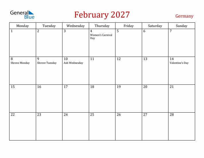 Germany February 2027 Calendar - Monday Start