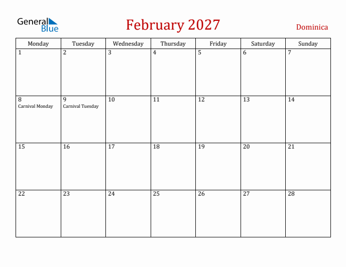 Dominica February 2027 Calendar - Monday Start