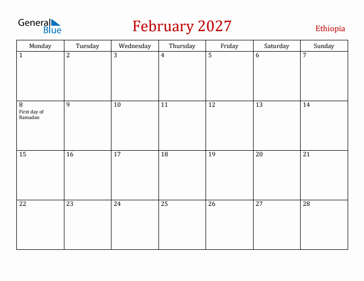 Ethiopia February 2027 Calendar - Monday Start