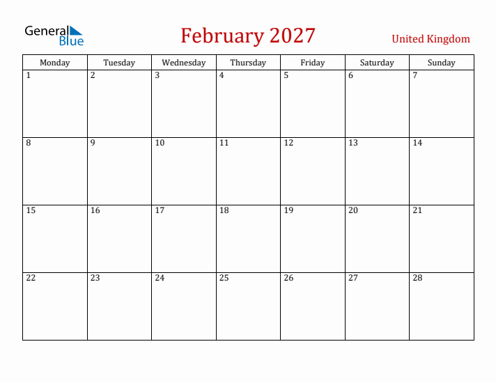 United Kingdom February 2027 Calendar - Monday Start