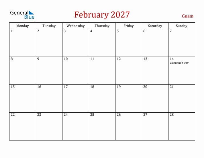 Guam February 2027 Calendar - Monday Start