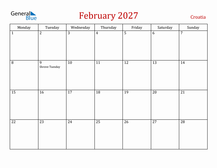 Croatia February 2027 Calendar - Monday Start