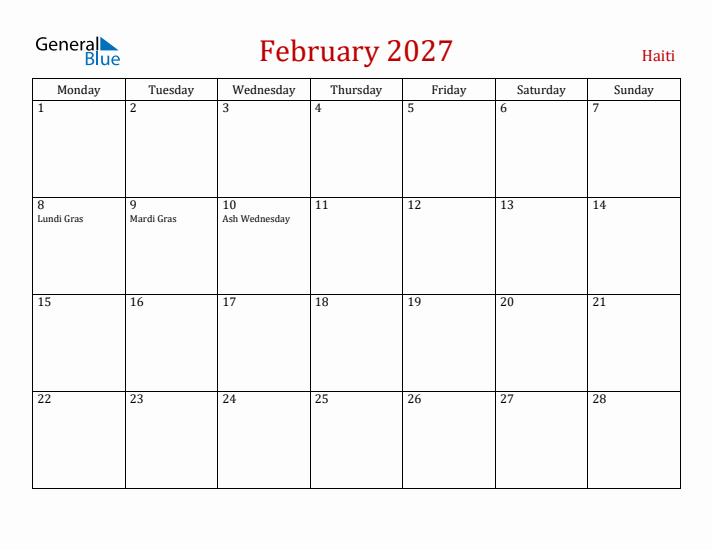Haiti February 2027 Calendar - Monday Start