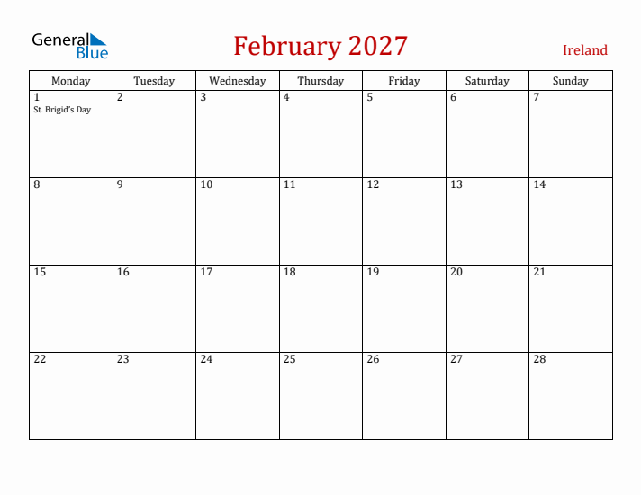 Ireland February 2027 Calendar - Monday Start
