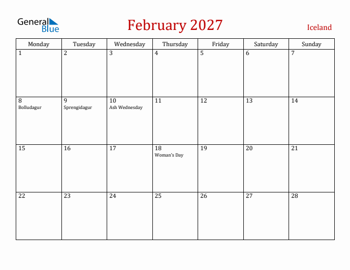 Iceland February 2027 Calendar - Monday Start