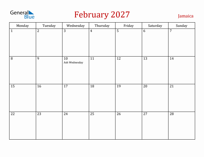 Jamaica February 2027 Calendar - Monday Start