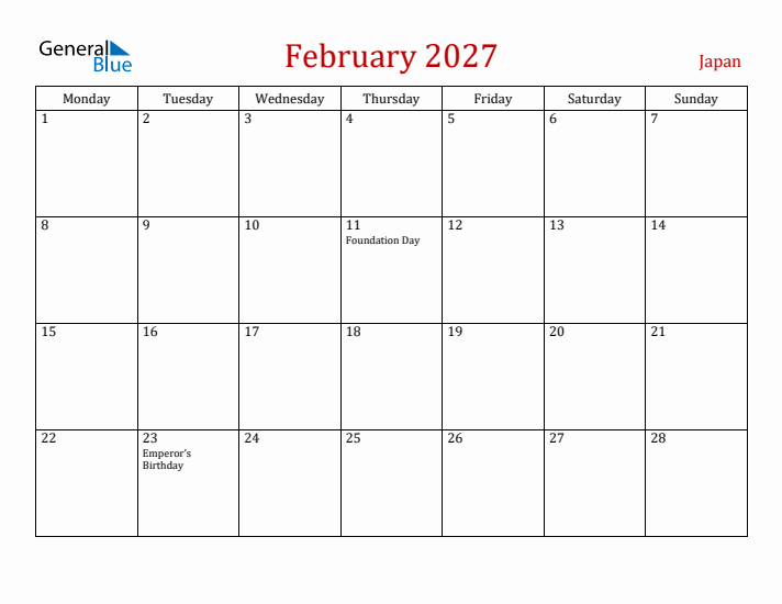 Japan February 2027 Calendar - Monday Start