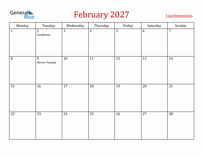 Liechtenstein February 2027 Calendar - Monday Start