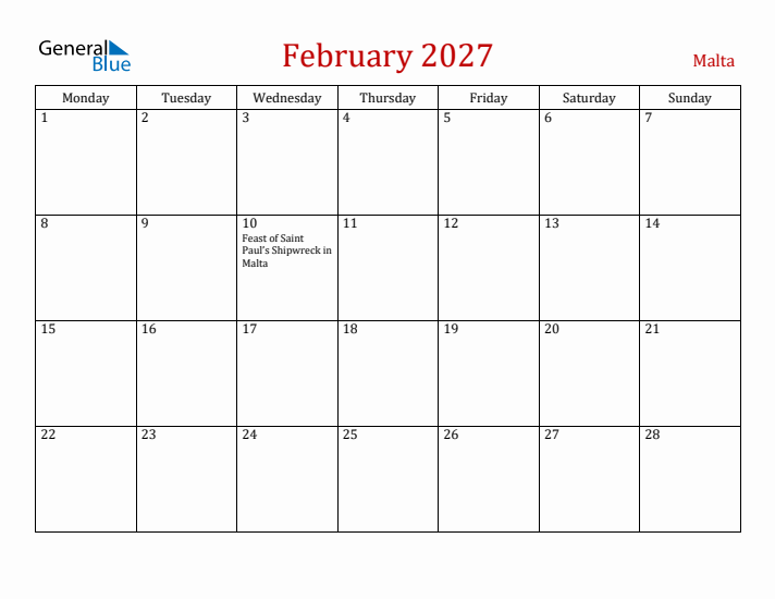 Malta February 2027 Calendar - Monday Start