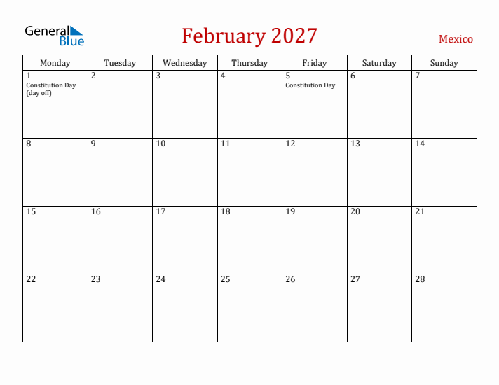 Mexico February 2027 Calendar - Monday Start