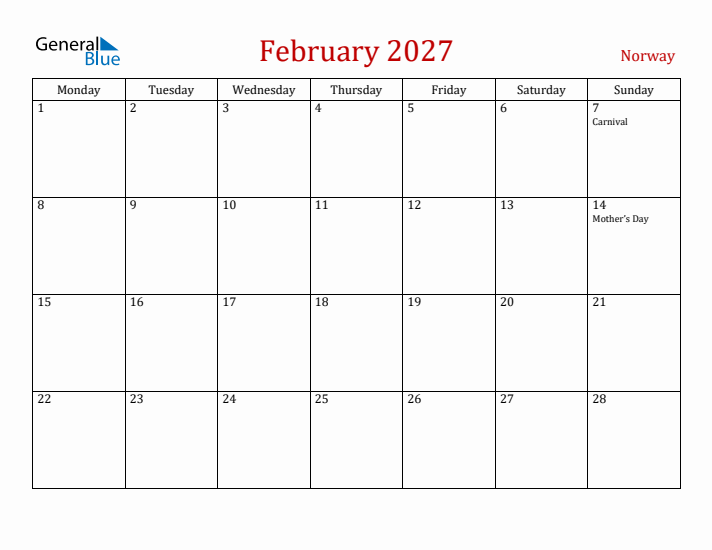 Norway February 2027 Calendar - Monday Start