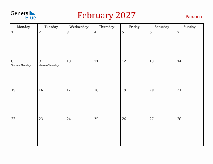 Panama February 2027 Calendar - Monday Start