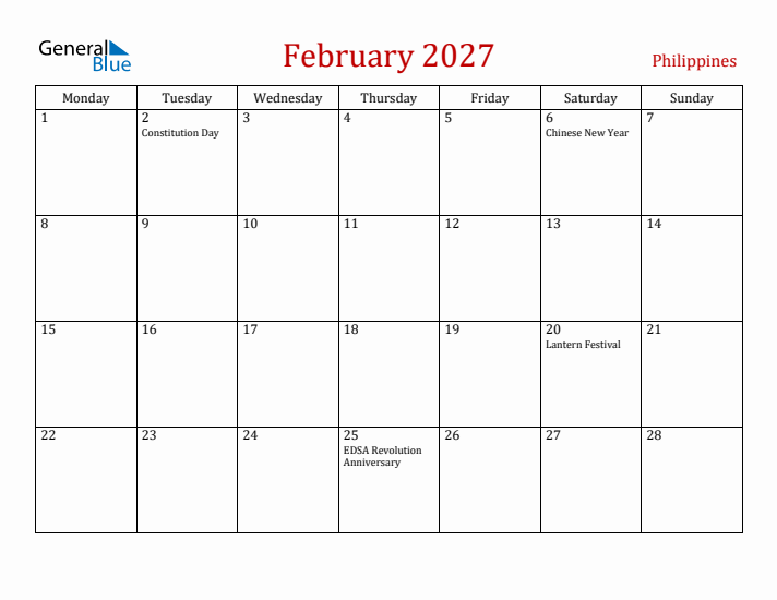 Philippines February 2027 Calendar - Monday Start