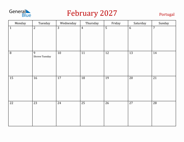 Portugal February 2027 Calendar - Monday Start