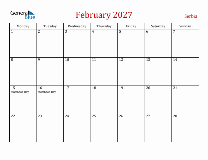 Serbia February 2027 Calendar - Monday Start