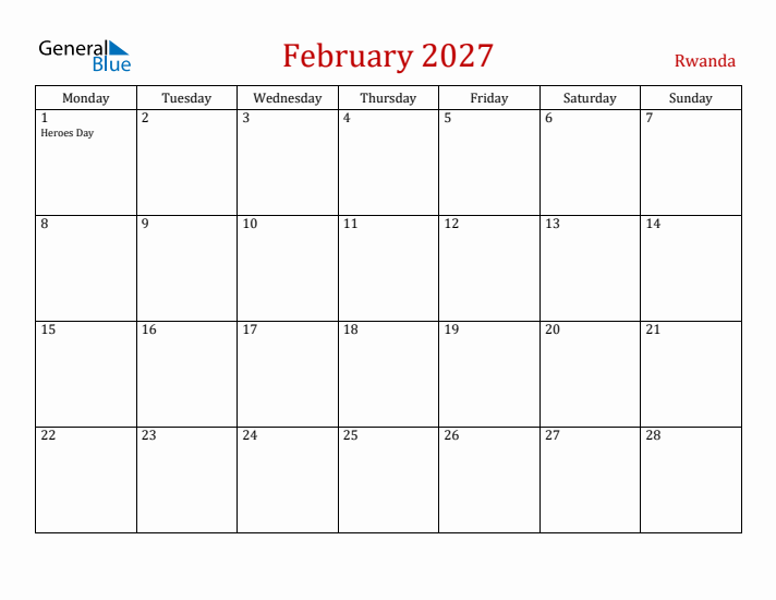 Rwanda February 2027 Calendar - Monday Start