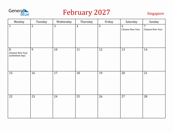 Singapore February 2027 Calendar - Monday Start