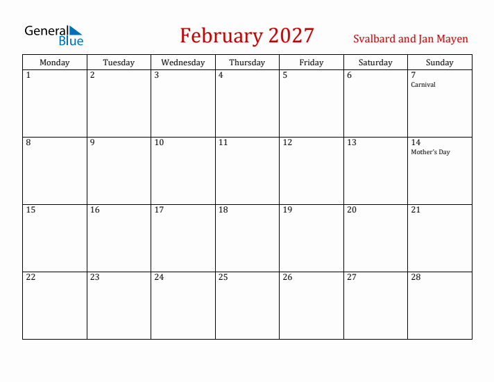 Svalbard and Jan Mayen February 2027 Calendar - Monday Start