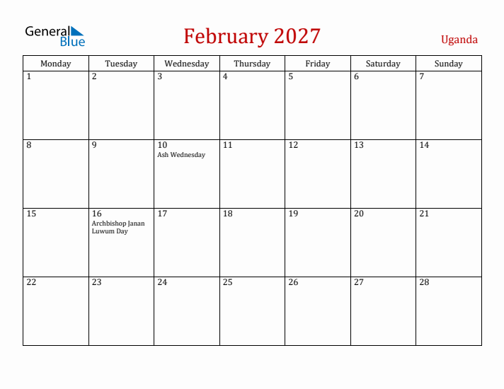 Uganda February 2027 Calendar - Monday Start