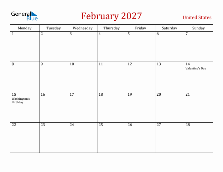 United States February 2027 Calendar - Monday Start