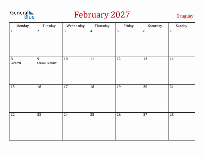 Uruguay February 2027 Calendar - Monday Start
