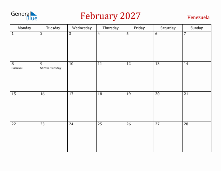 Venezuela February 2027 Calendar - Monday Start