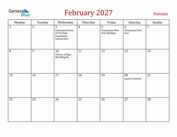 Vietnam February 2027 Calendar - Monday Start