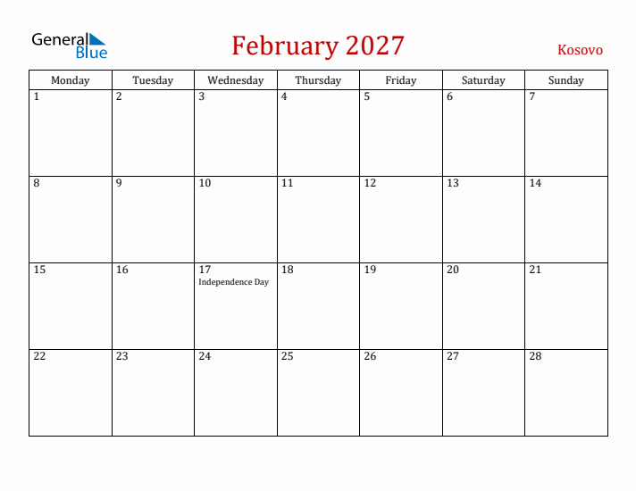 Kosovo February 2027 Calendar - Monday Start