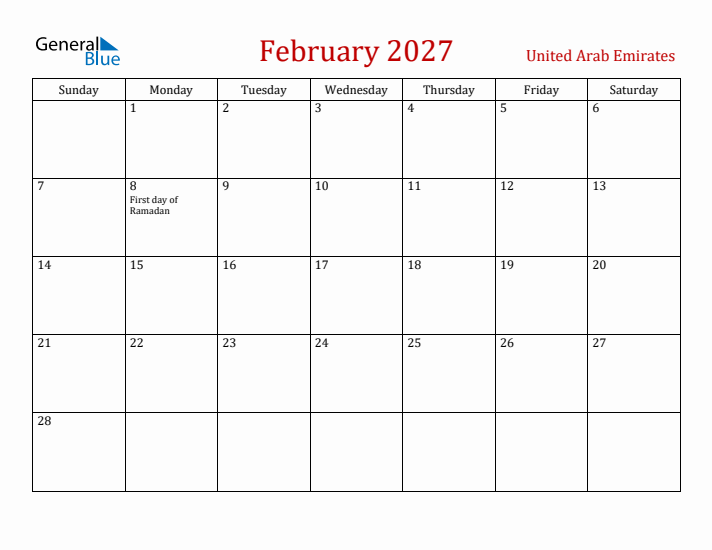 United Arab Emirates February 2027 Calendar - Sunday Start