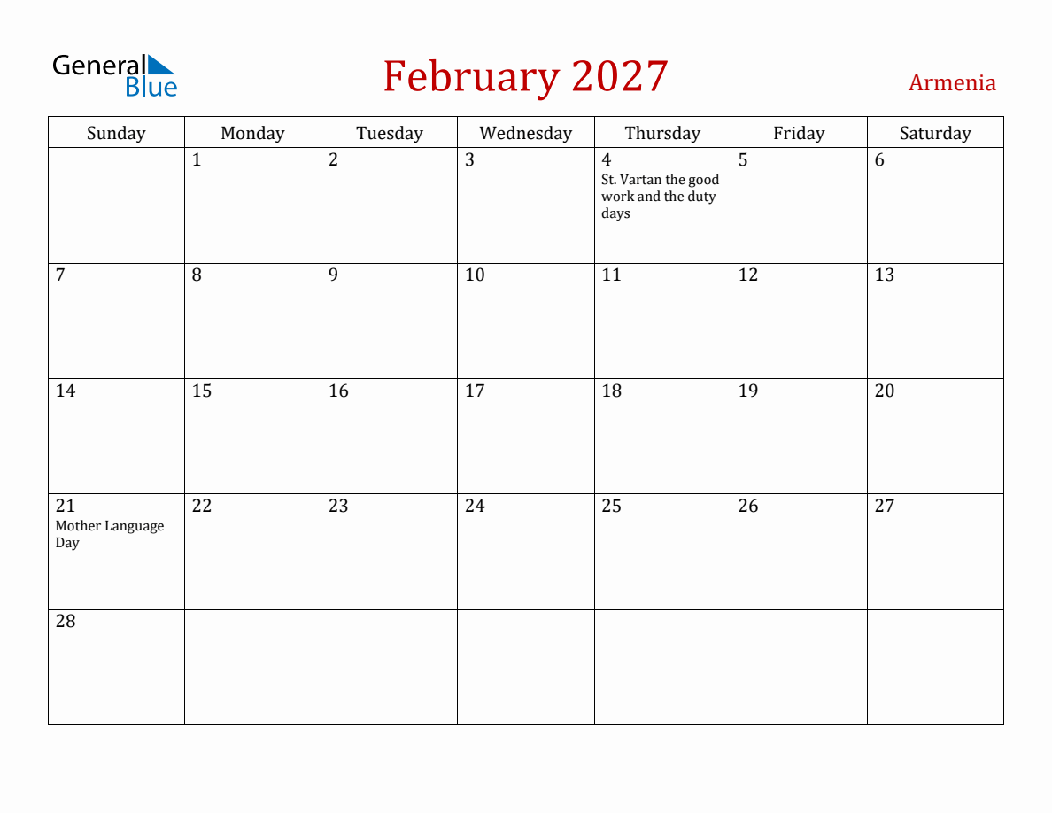 February 2027 Armenia Monthly Calendar With Holidays