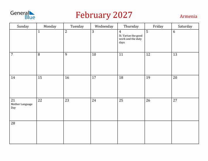 Armenia February 2027 Calendar - Sunday Start
