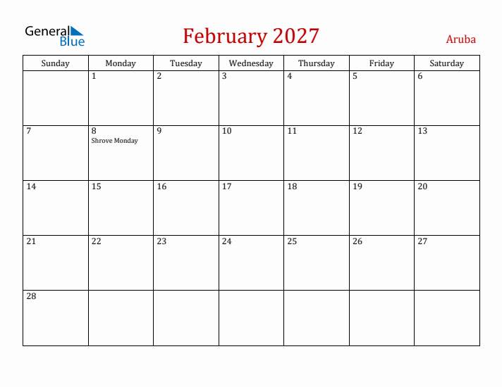 Aruba February 2027 Calendar - Sunday Start