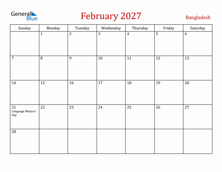 Bangladesh February 2027 Calendar - Sunday Start