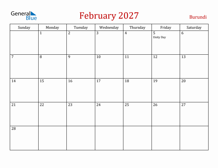 Burundi February 2027 Calendar - Sunday Start