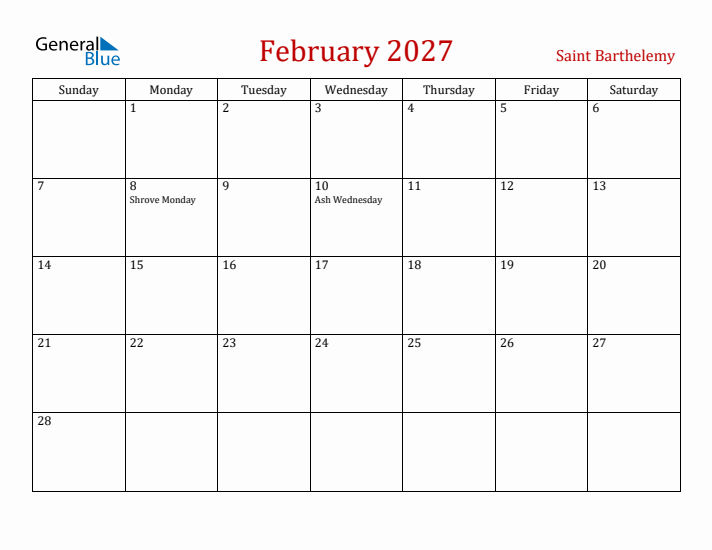 Saint Barthelemy February 2027 Calendar - Sunday Start