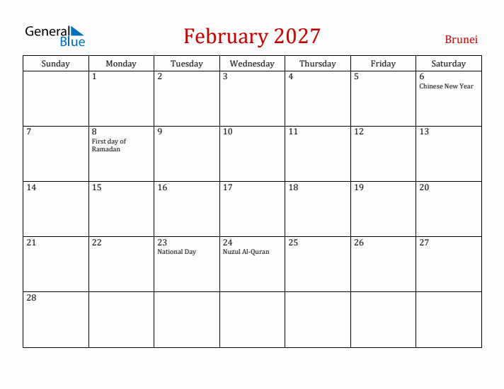 Brunei February 2027 Calendar - Sunday Start