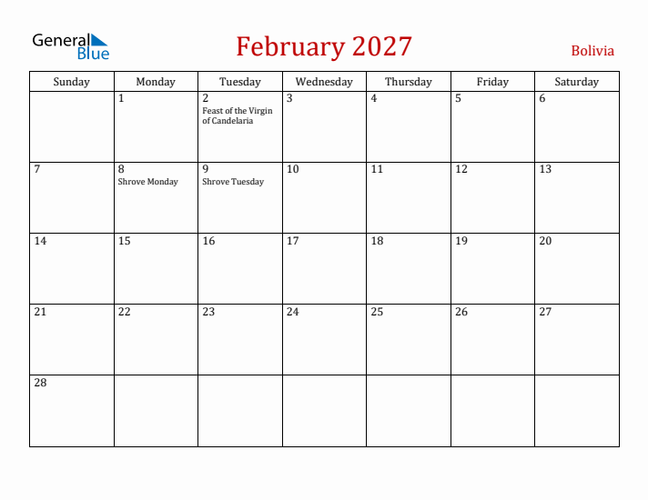 Bolivia February 2027 Calendar - Sunday Start