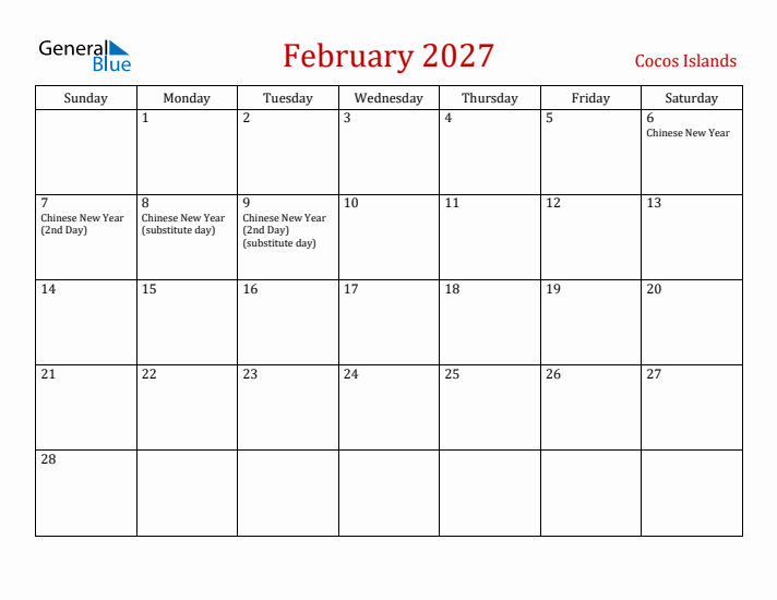Cocos Islands February 2027 Calendar - Sunday Start