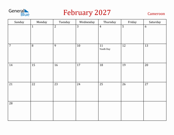 Cameroon February 2027 Calendar - Sunday Start