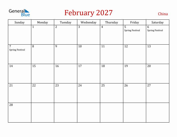 China February 2027 Calendar - Sunday Start
