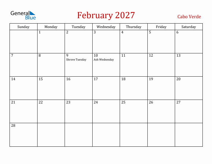 Cabo Verde February 2027 Calendar - Sunday Start