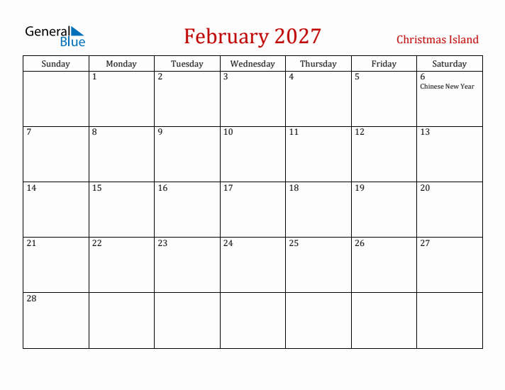 Christmas Island February 2027 Calendar - Sunday Start
